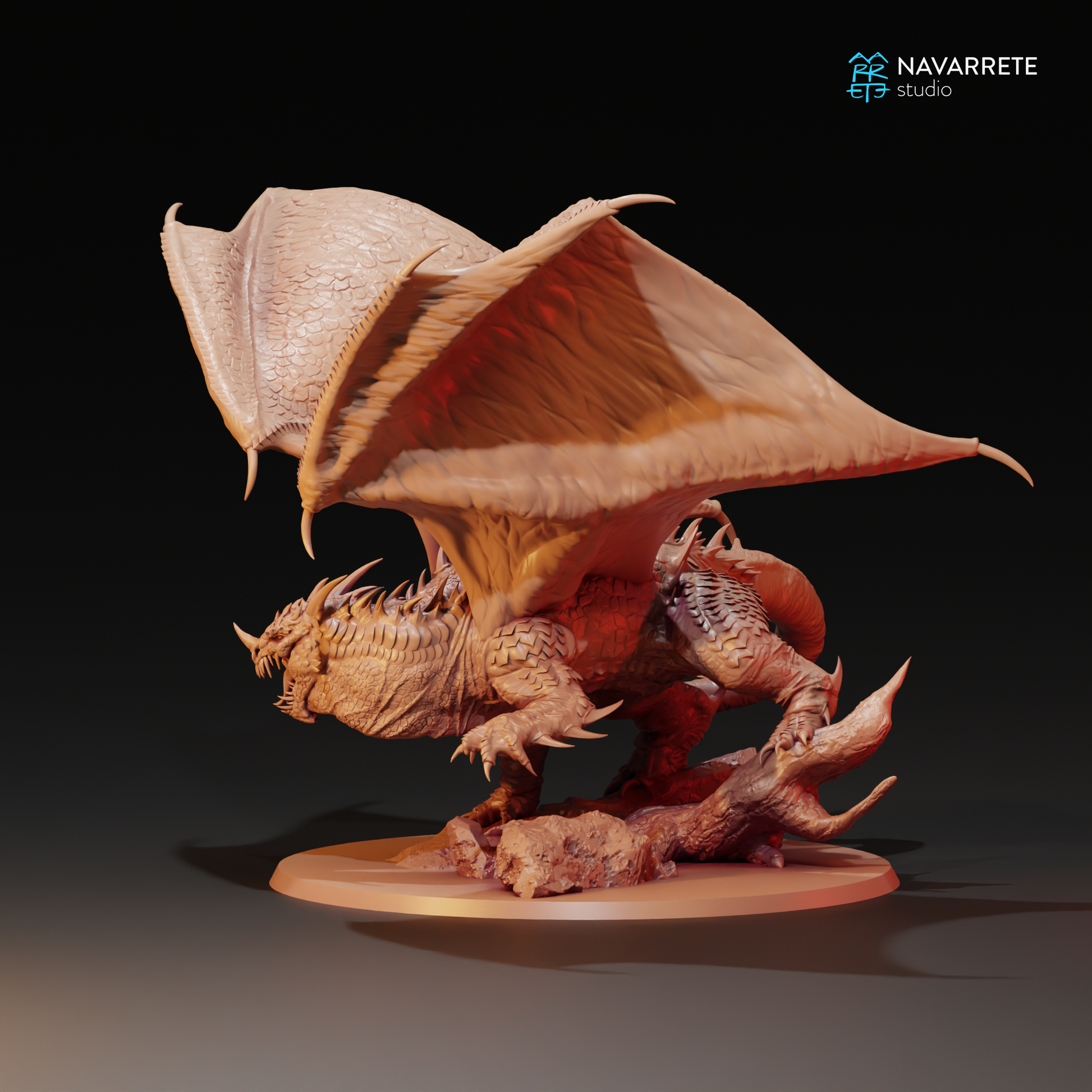 Detailed image of a Cave Dragon tabletop gaming miniature by Tattles Told 3D, showing intricate dragon and cave features.