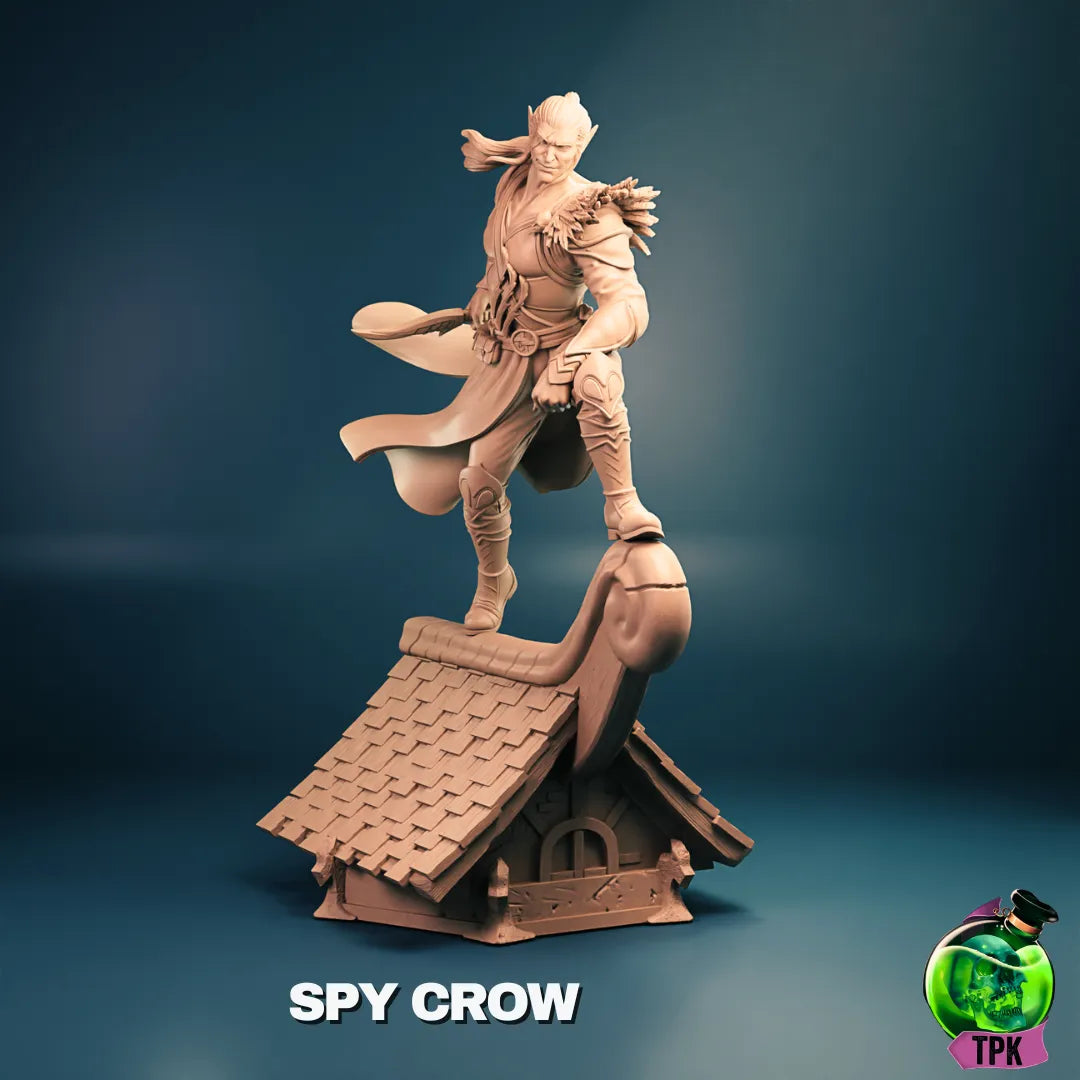 Tattles Told 3D Crow Thief Spy miniature figure for tabletop gaming, showing a detailed thief character with a crow on shoulder.