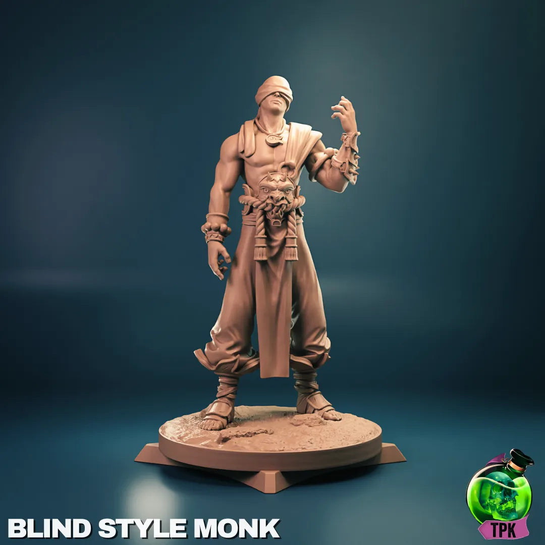 Tattles Told 3D Blind Style Monk tabletop gaming miniature by TPKLab, detailed painted figurine standing on a base.
