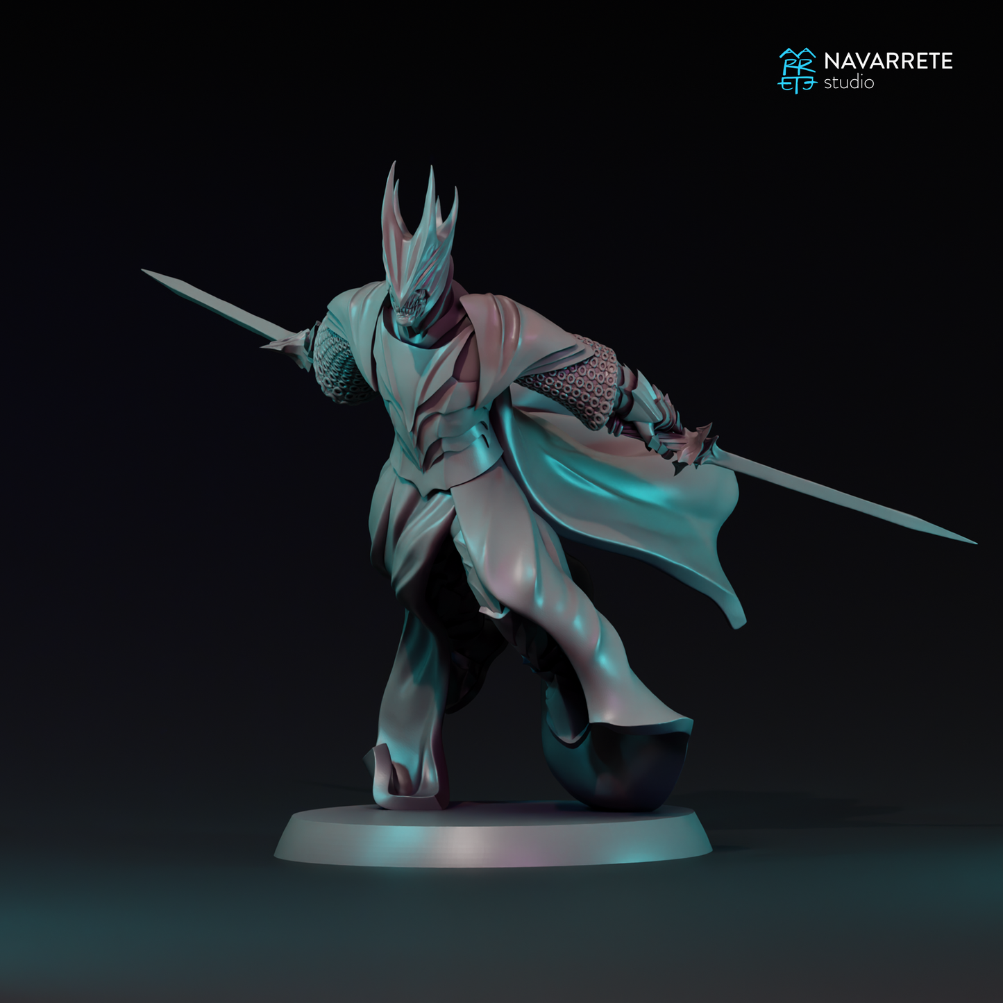 Detailed image of The Dark Lieutenant tabletop gaming miniature by Tattles Told 3D, featuring a dark armored figure with weapons.