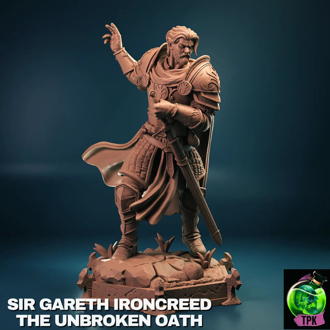 Sir Gareth Ironcreed miniature from Tattles Told 3D, a detailed tabletop gaming figure suitable for display or gaming.