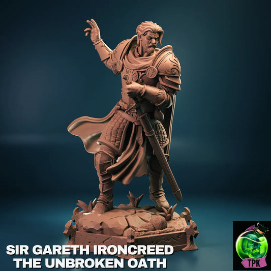 Sir Gareth Ironcreed miniature figure from Tattles Told 3D for tabletop gaming or display, featuring detailed armor and stance.