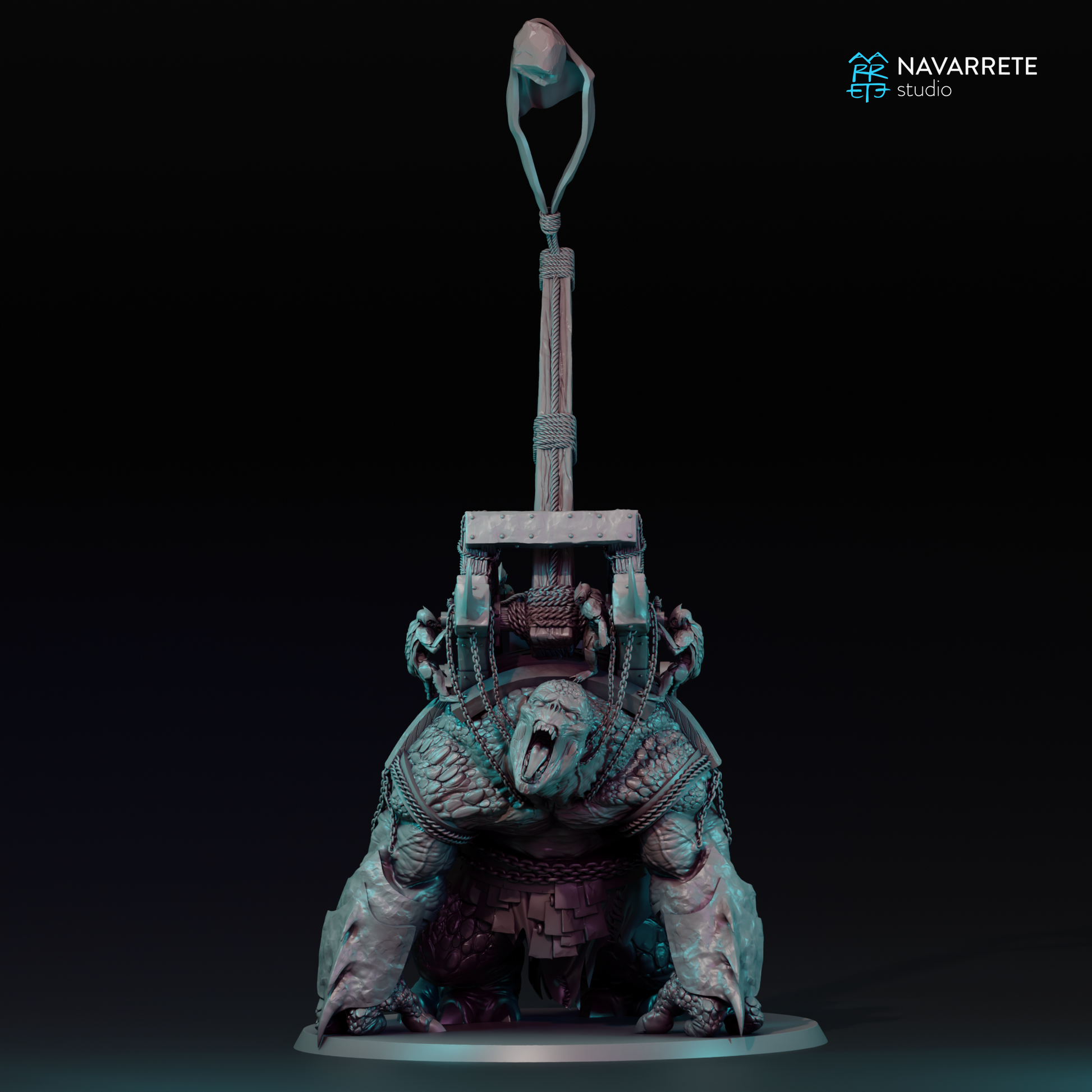 Detailed image of a Catapult War Beast miniature from Tattles Told 3D for tabletop gaming, crafted by Navarrete Studio.