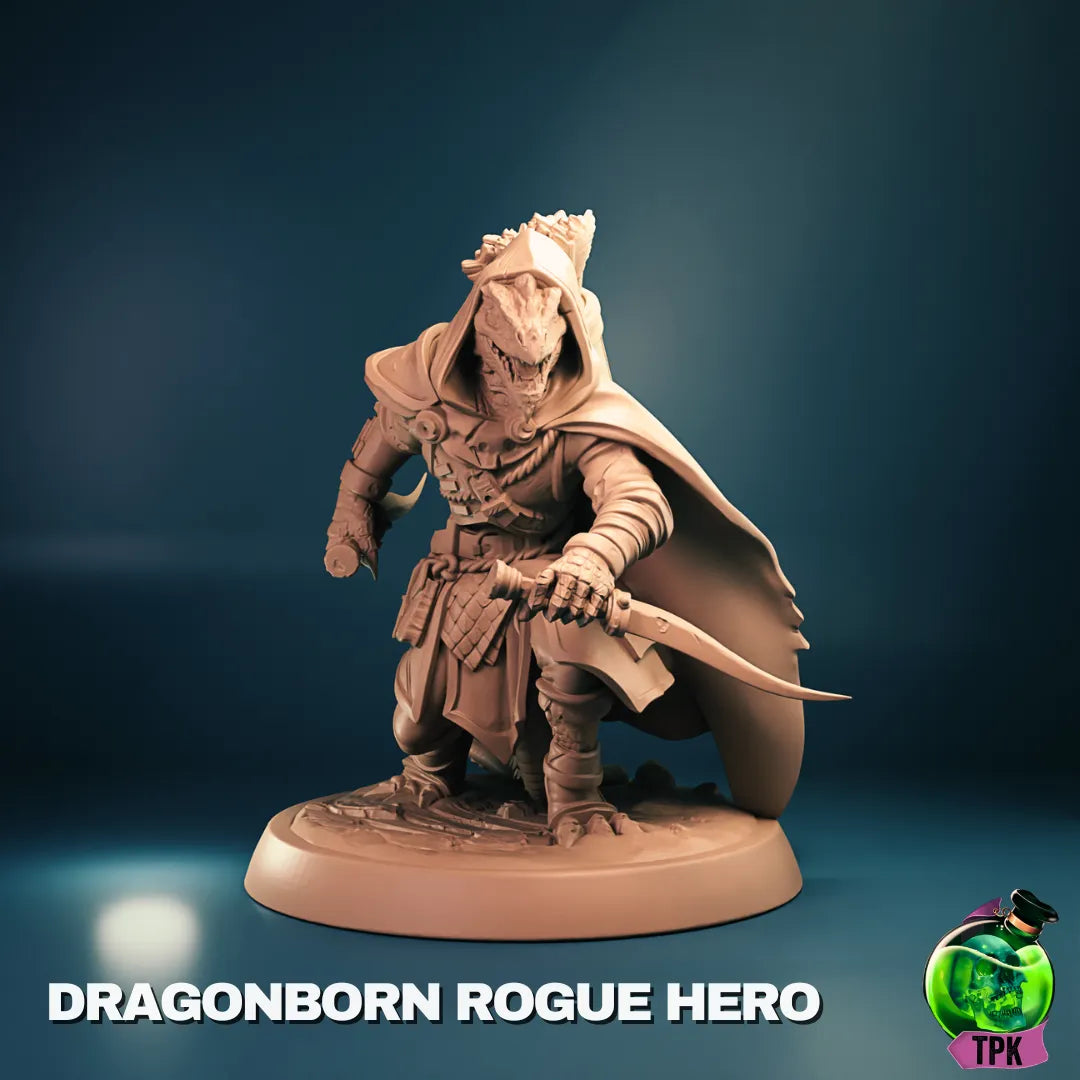 Dragonborn Rogue tabletop miniature by Tattles Told 3D, featuring detailed armor and weapons, designed for gaming or display purposes.
