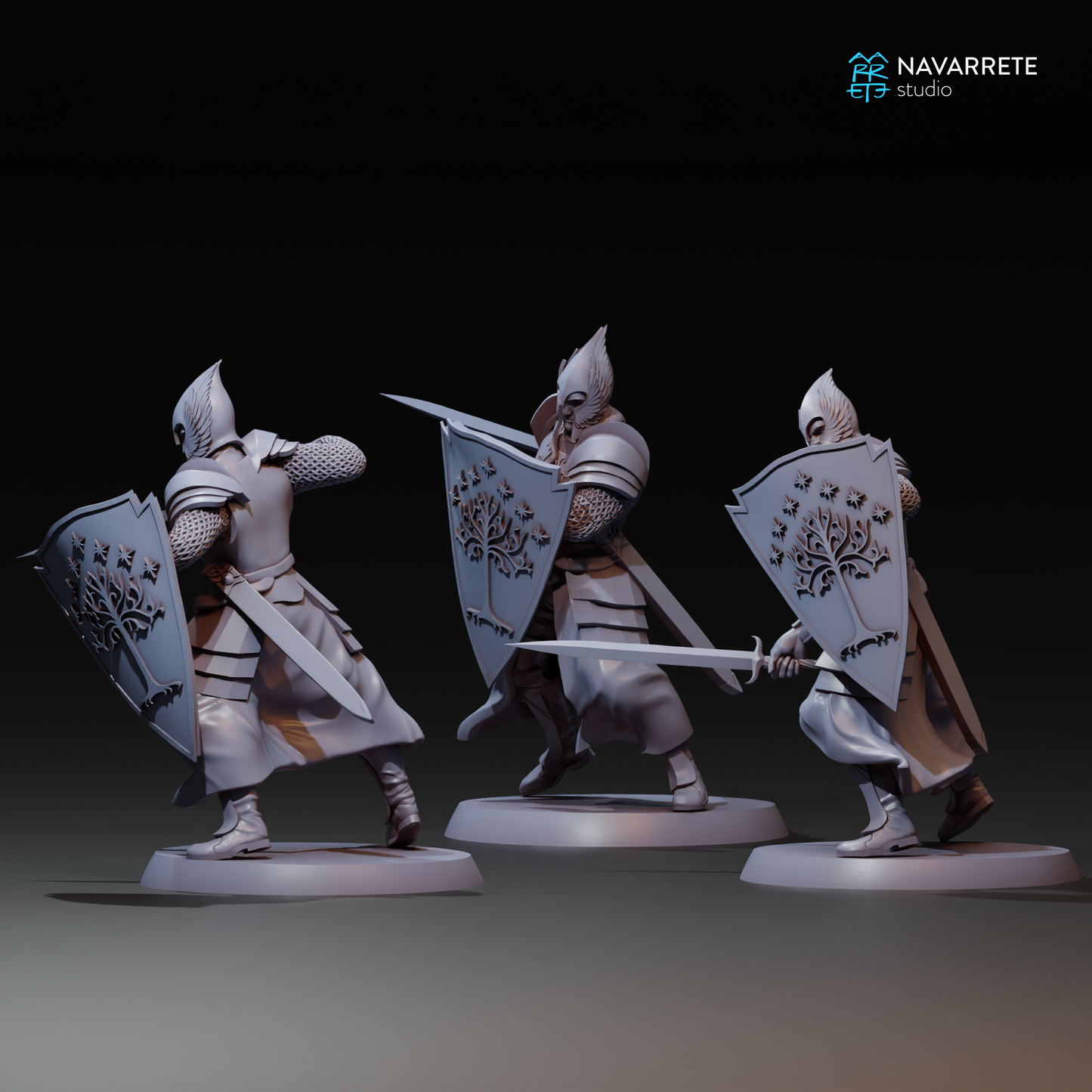 Miniature of Army of the King infantry warband from Tattles Told 3D, displayed on a gaming table with detailed armor and weapons.