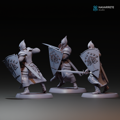 Miniature of Army of the King infantry warband from Tattles Told 3D, displayed on a gaming table with detailed armor and weapons.