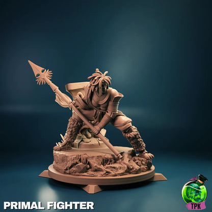 Primal Fighter miniature by Tattles Told 3D for tabletop gaming, featuring a fierce warrior in combat-ready stance.