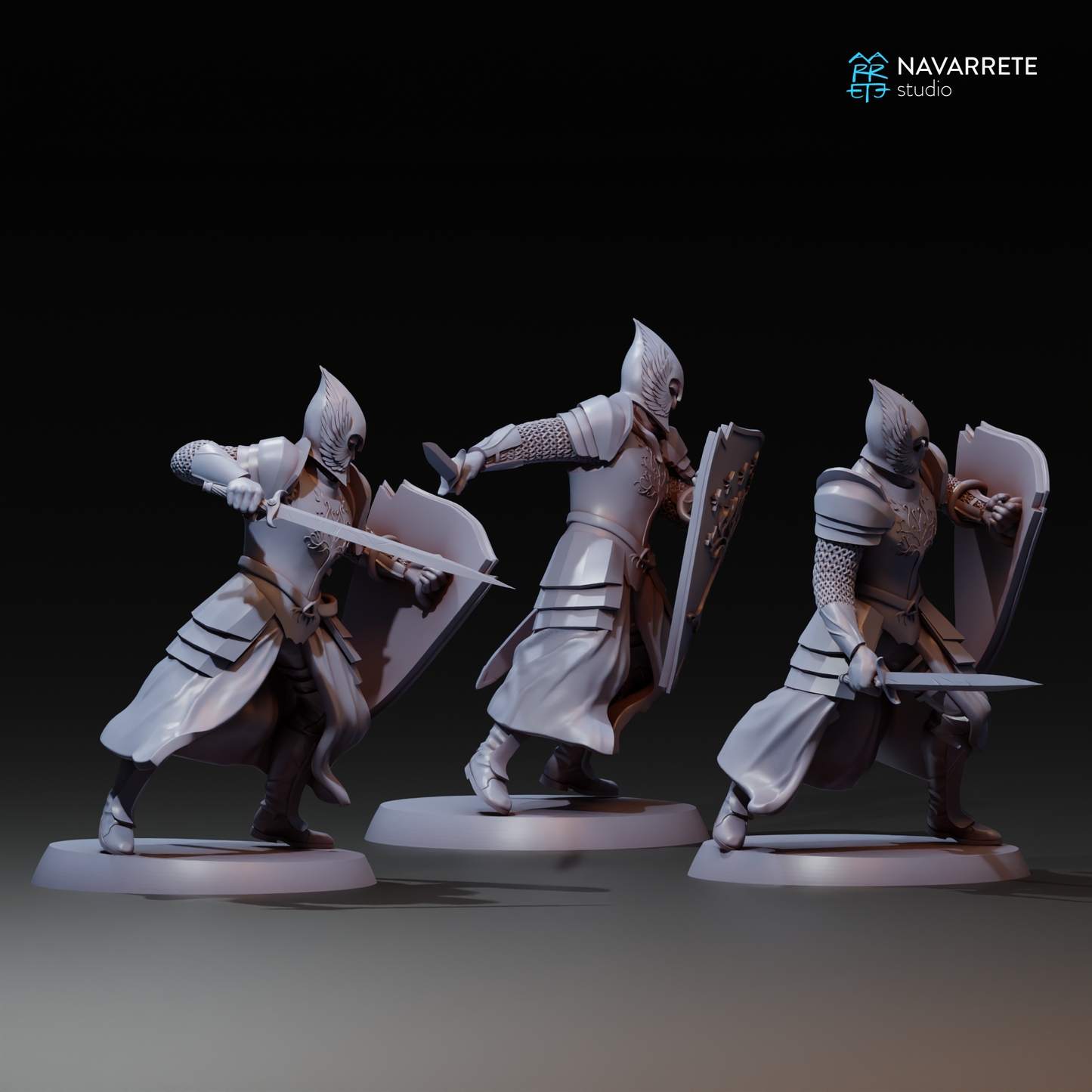 Miniature of Army of the King infantry warband by Tattles Told 3D for tabletop gaming, featuring detailed figures in armor and weapons.