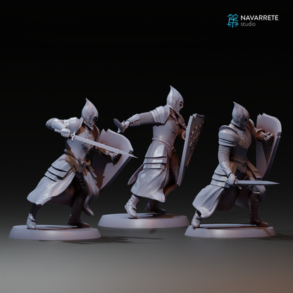 Miniature of Army of the King infantry warband by Tattles Told 3D for tabletop gaming, featuring detailed figures in armor and weapons.