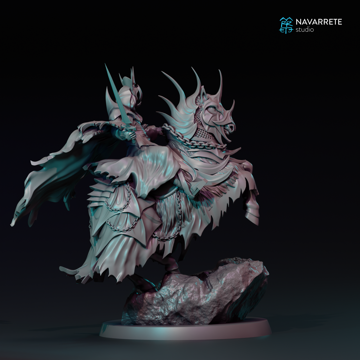 Black Herald tabletop gaming miniature by Tattles Told 3D from Navarrete Studio, featuring detailed black armor and weaponry.