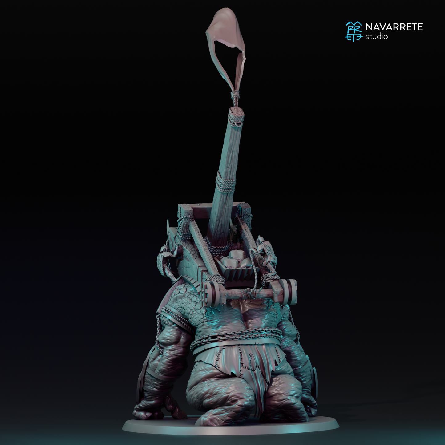 Detailed image of a Catapult War Beast miniature from Tattles Told 3D, used for tabletop gaming, featuring a fierce creature with armor and weaponry.