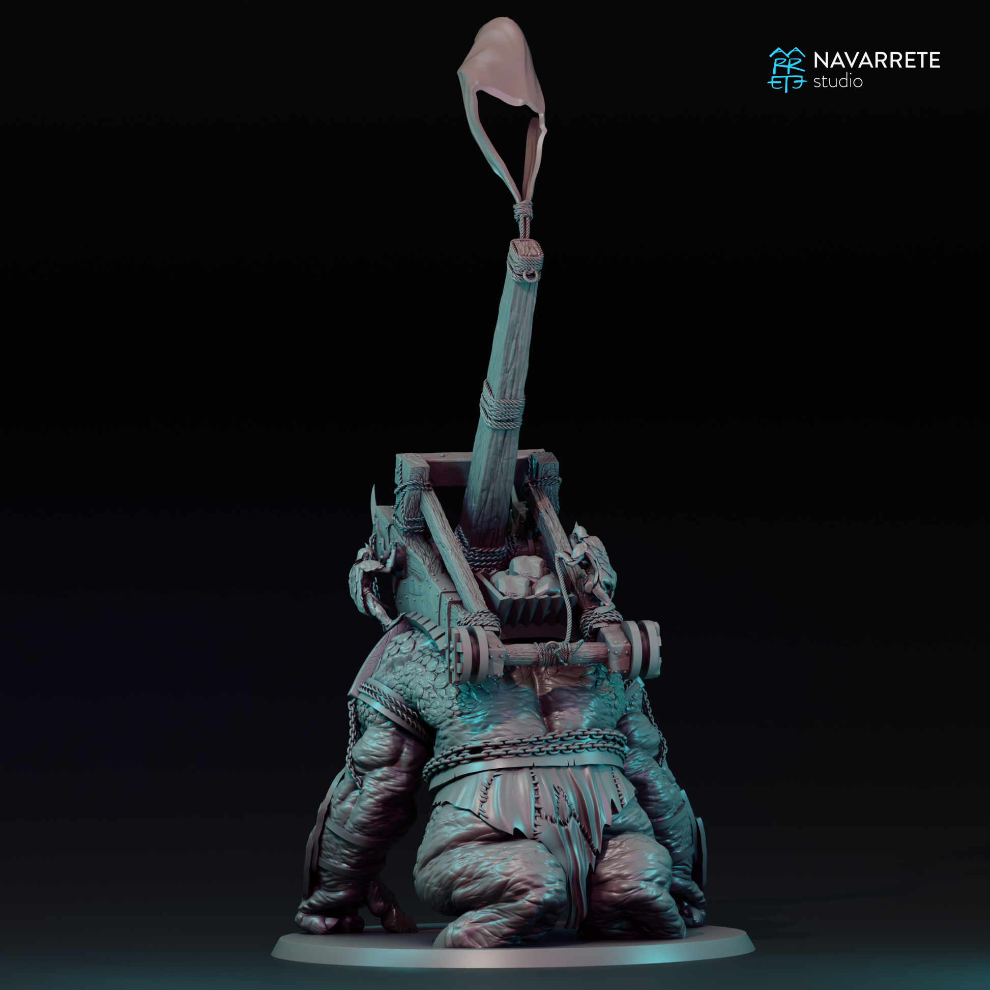Detailed image of a Catapult War Beast miniature from Tattles Told 3D, used for tabletop gaming, featuring a fierce creature with armor and weaponry.