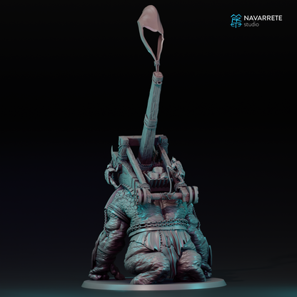 Detailed image of a Catapult War Beast miniature from Tattles Told 3D, used for tabletop gaming, featuring a fierce creature with armor and weaponry.