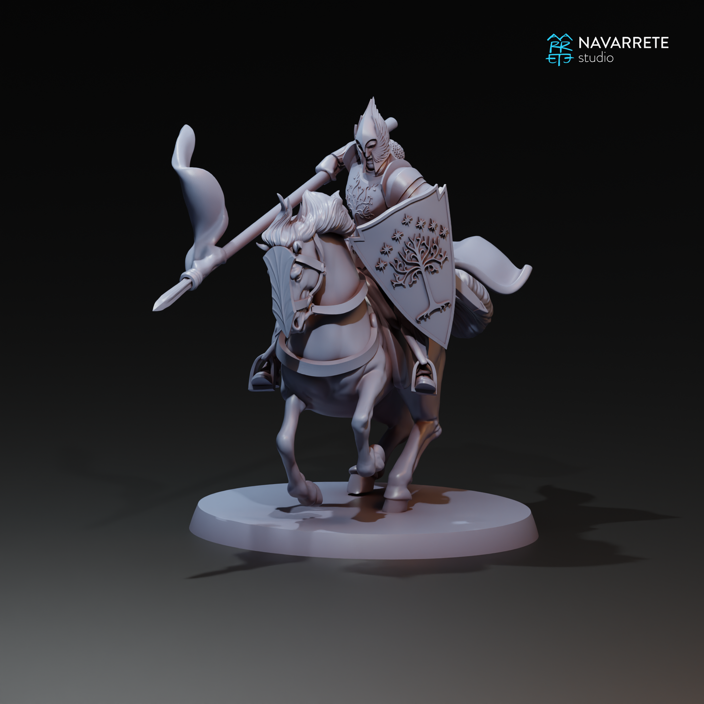Detail of The King's Army Cavalry miniature from Tattles Told 3D, showing mounted knight with armor and weaponry, tabletop gaming figure.