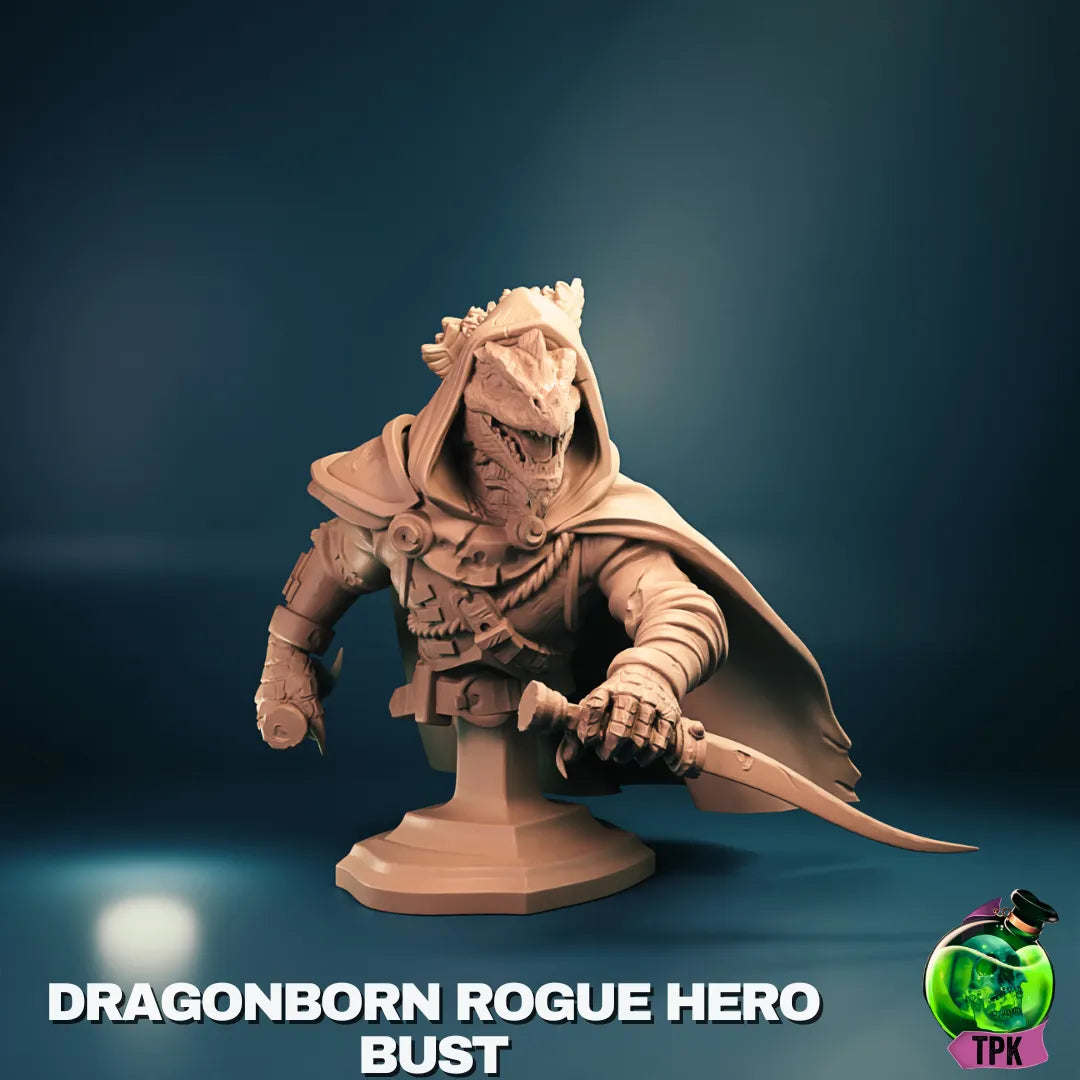 Dragonborn Rogue miniature from Tattles Told 3D, tabletop gaming figure with detailed armor and weapon, designed for display or gameplay.