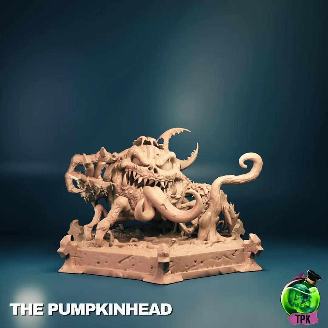 Tattles Told 3D PumpkinHead tabletop gaming miniature or display figure from TPKLab, detailed Halloween-themed character on a stand.