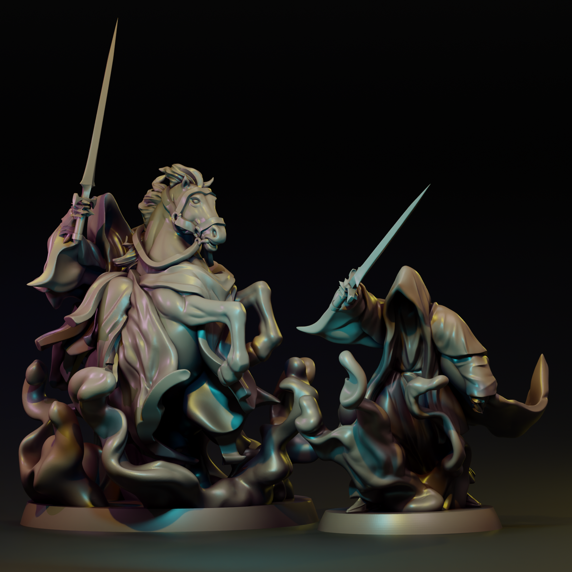 Detailed image of The Shadow Ruler tabletop gaming miniature by Tattles Told 3D, featuring a dark, cloaked figure with a staff.