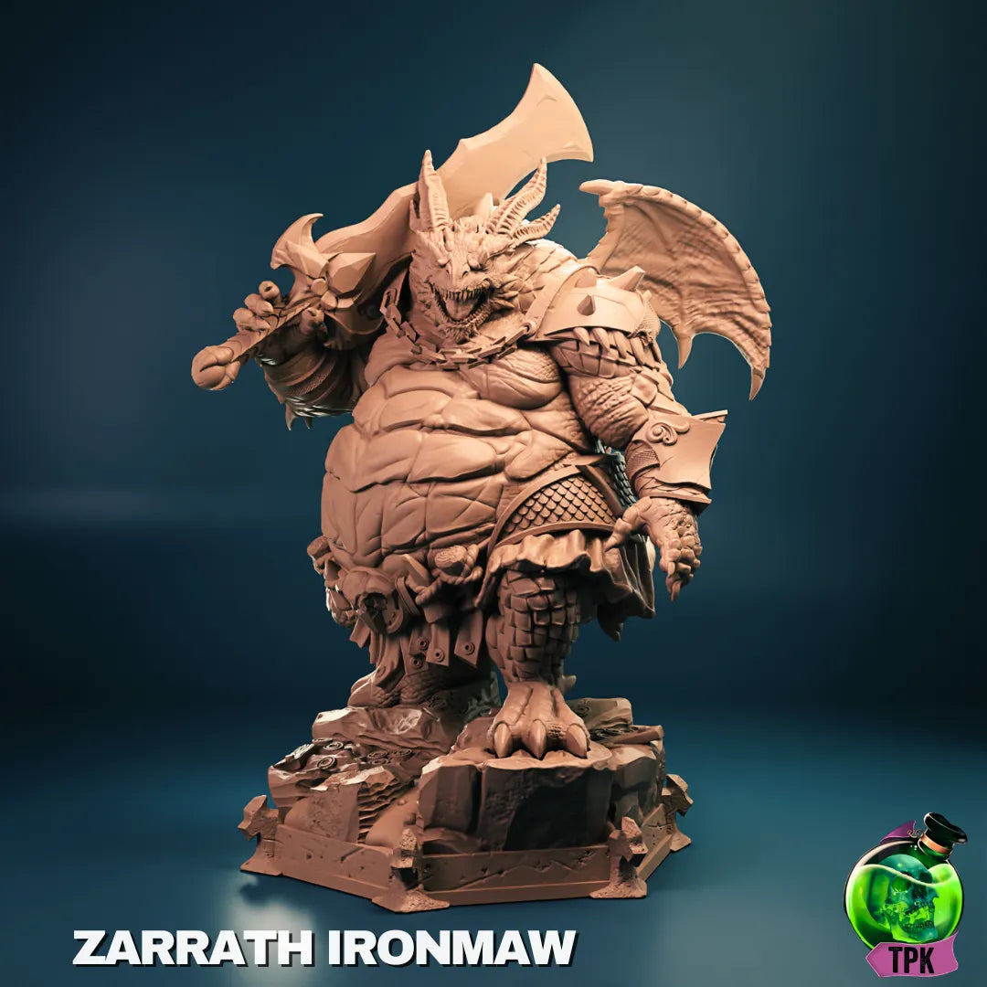 Zarrath Ironmaw miniature tabletop gaming figure by Tattles Told 3D, detailed fantasy character with armor and weapon for display or gaming.
