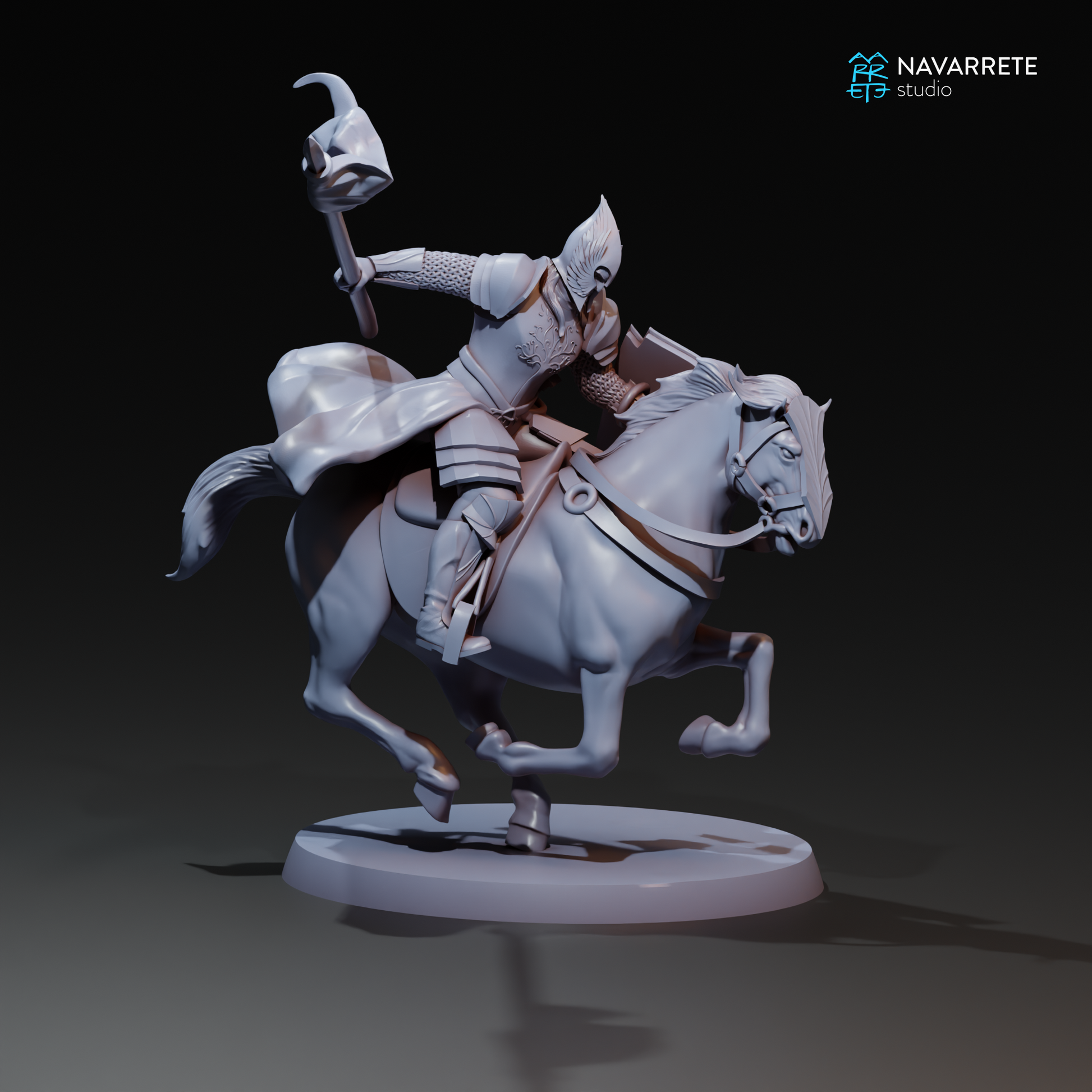 Tattles Told 3D King's Army Cavalry miniature from Navarrete Studio, detailed tabletop gaming miniature in dynamic pose.