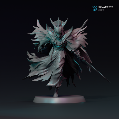 Detailed Tattles Told 3D Black Herald tabletop gaming miniature by Navarrete Studio, featuring a character in dark armor and dramatic pose.