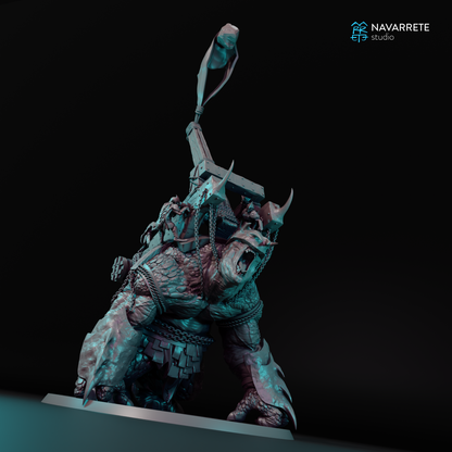 Tattles Told 3D Catapult War Beast tabletop gaming miniature by Navarrete Studio, detailed model with armored features and weaponry.