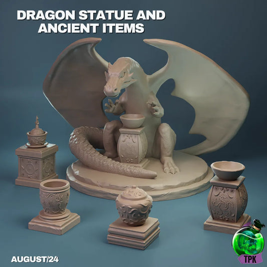 Tattles Told 3D dragon miniature and ancient items scatter set for tabletop gaming, featuring detailed fantasy-themed miniatures.