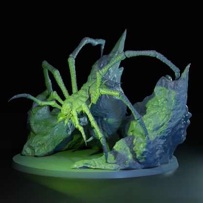 Detailed image of a Spider Queen tabletop gaming miniature by Tattles Told 3D, featuring a regal spider-themed figure with intricate details.