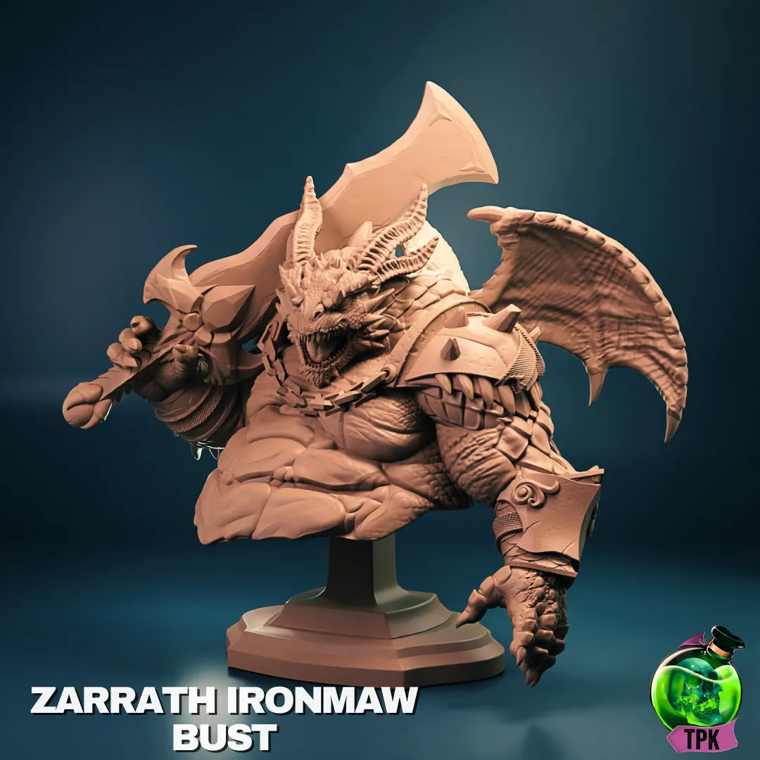 Zarrath Ironmaw miniature tabletop gaming figure by Tattles Told 3D, detailed display or gaming mini on a stand.