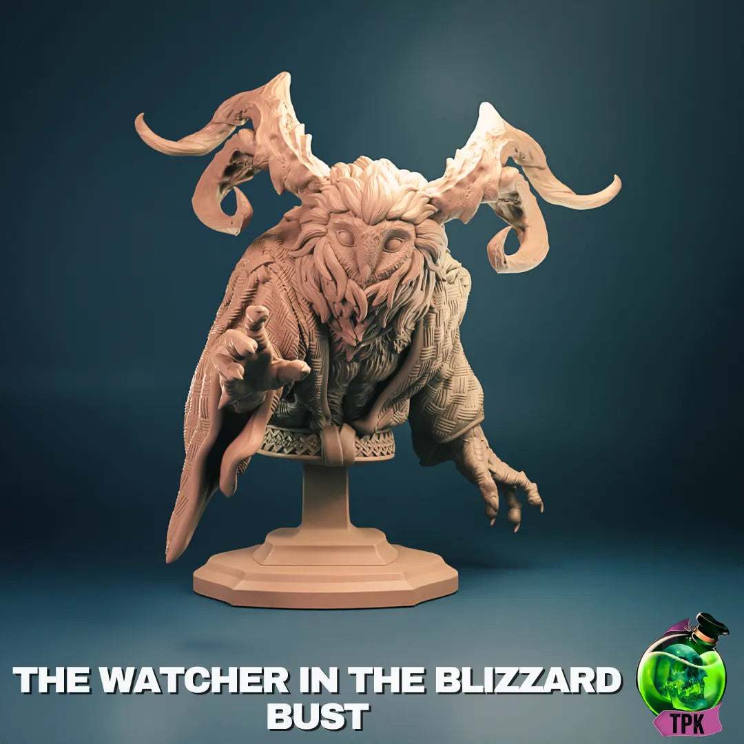 Tattles Told 3D tabletop miniature figure titled "The Watcher in the Blizzard" from TPKLab, depicting a detailed icy-themed character.