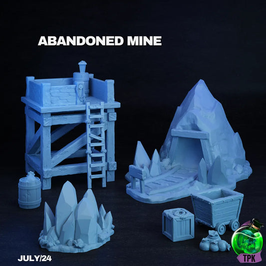 Detailed miniature of abandoned mine scatter terrain for tabletop gaming by Tattles Told 3D, featuring rugged mine structures and debris.