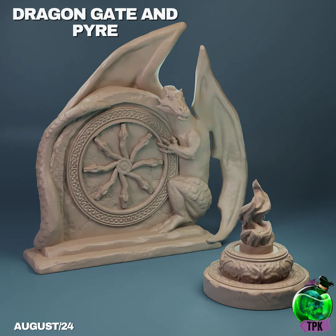 Tattles Told 3D Dragon Gate and Pyre Terrain miniature for tabletop gaming, featuring detailed dragon gate and fiery pyre structures.