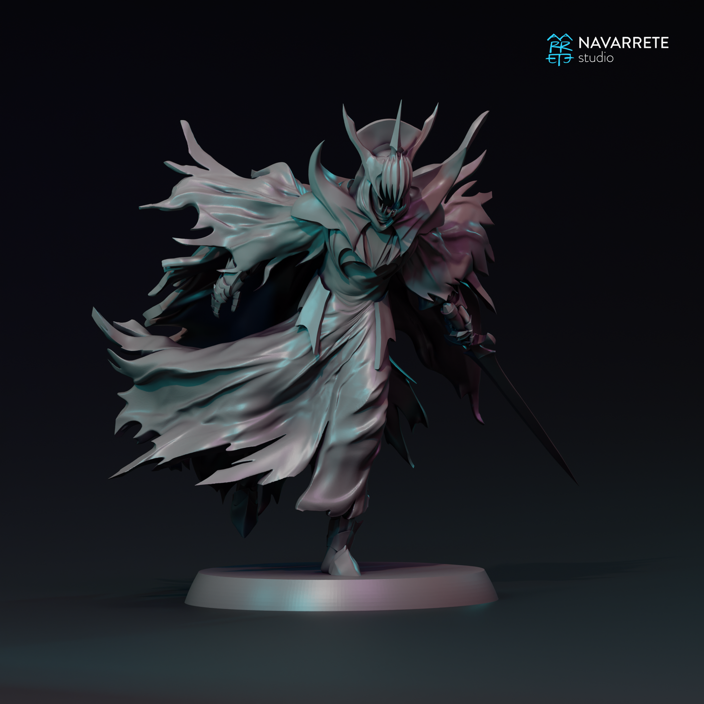 Black Herald tabletop gaming miniature by Tattles Told 3D, detailed fantasy figure with dark armor and weapon, on a display base.