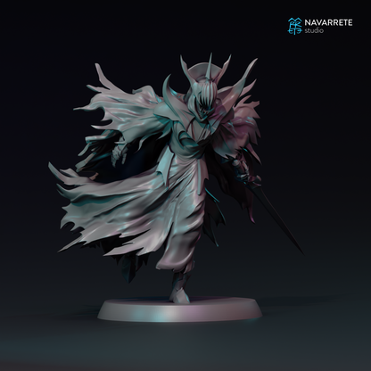 Black Herald tabletop gaming miniature by Tattles Told 3D, detailed fantasy figure with dark armor and weapon, on a display base.