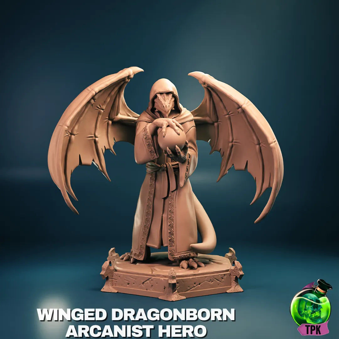 Dragonborn Arcanist miniature by Tattles Told 3D for tabletop gaming, detailed display figure with arcane robes and staff.