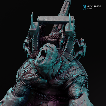 Tattles Told 3D Catapult War Beast miniature from Navarrete Studio, detailed tabletop gaming figurine with armored beast design.