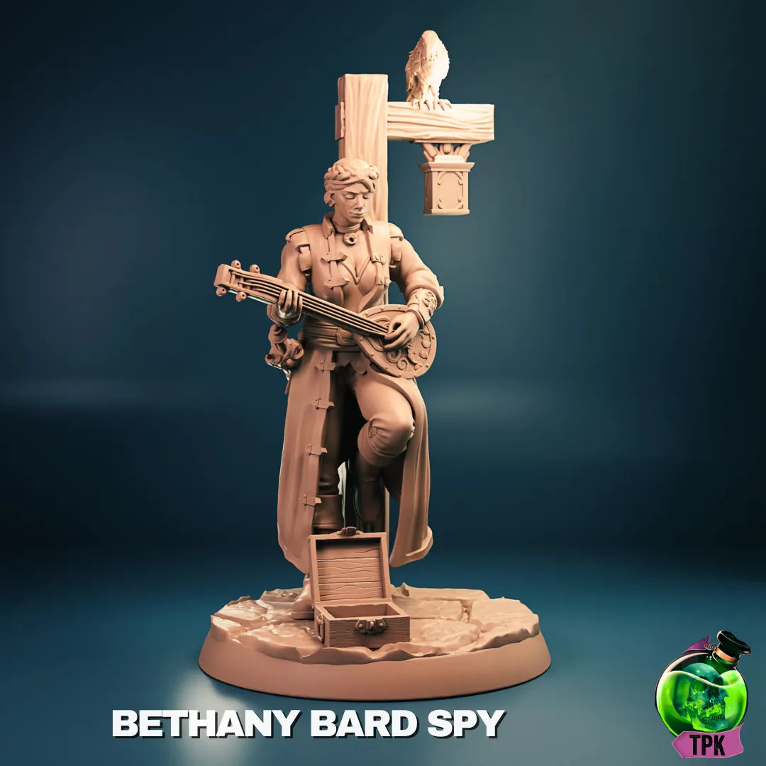 Tattles Told 3D Bethany Vigilant Bard Spy miniature figure for tabletop gaming, showcasing detailed sculpt and dynamic pose.