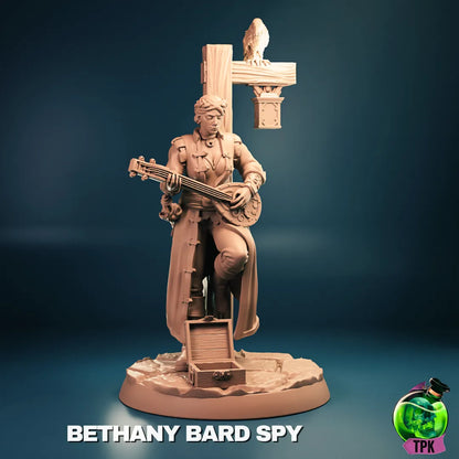 Tattles Told 3D Bethany Vigilant Bard Spy miniature figure for tabletop gaming, showcasing detailed sculpt and dynamic pose.