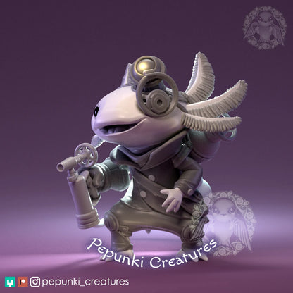Axolotl Mechanic | Tabletop or Display Scale | D&D Humblewood TTRPG Miniature | Pepunki Creatures