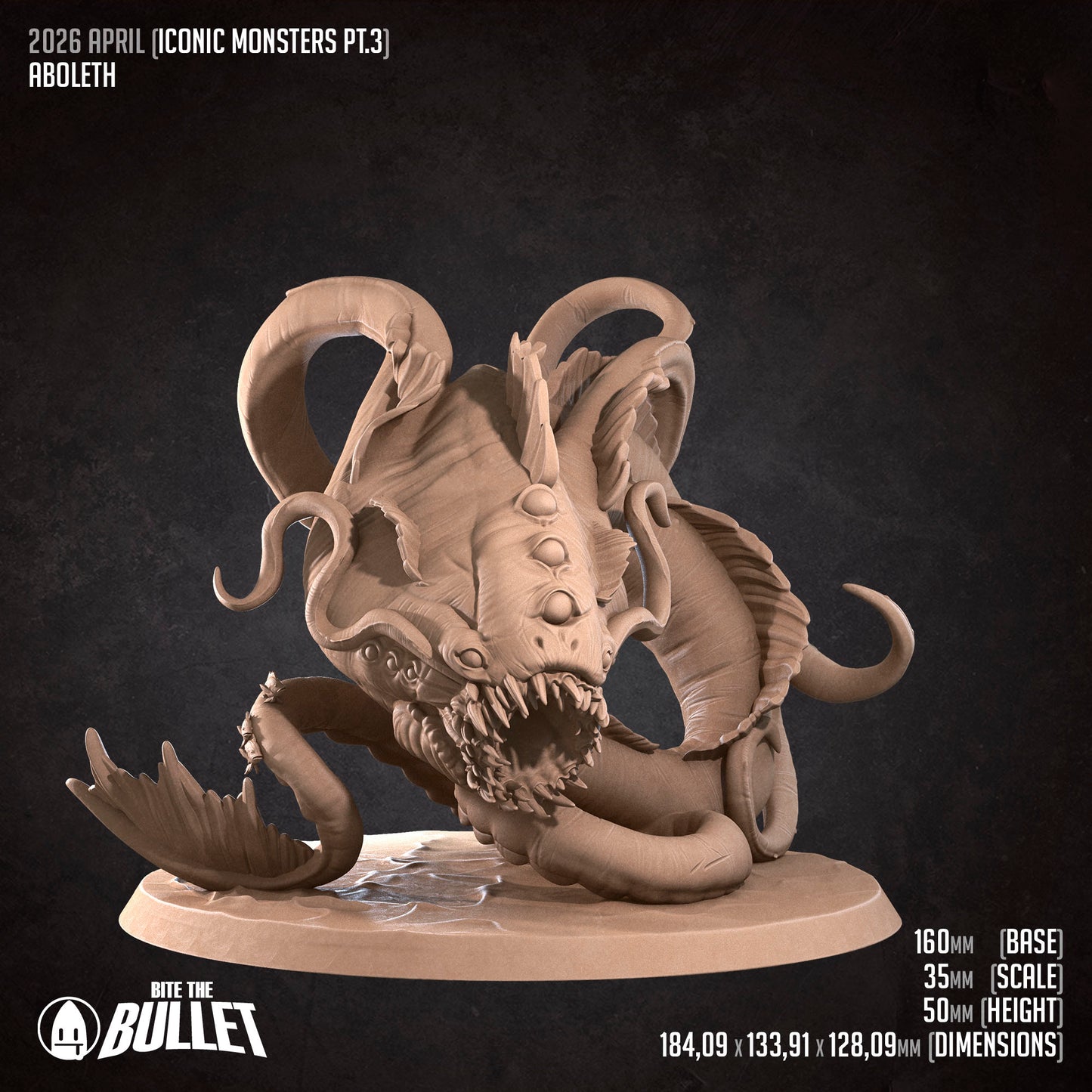 D&D Aboleth miniature from Bite the Bullet series by Tattles Told 3D, depicting a detailed aquatic creature for tabletop gaming.