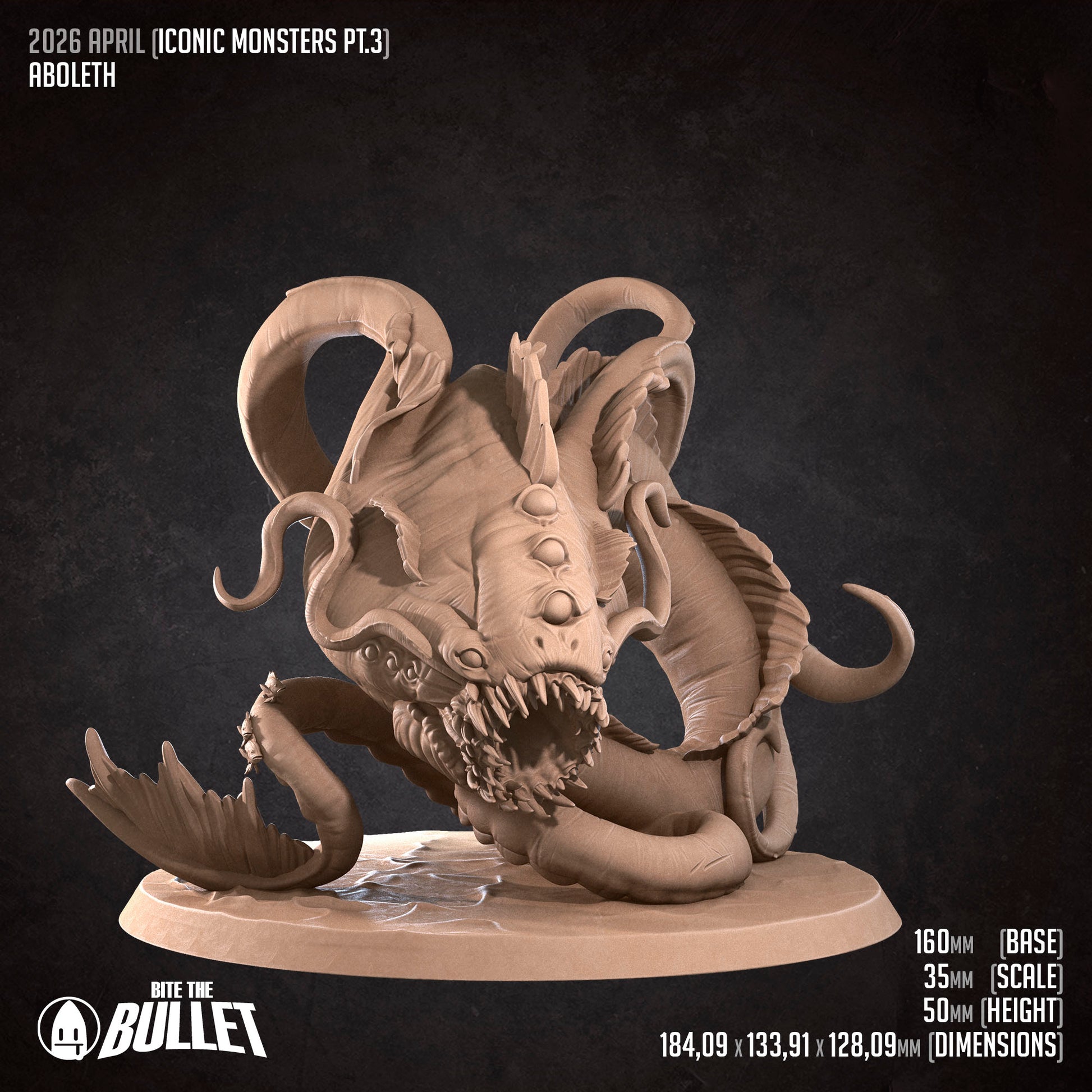 D&D Aboleth miniature from Bite the Bullet series by Tattles Told 3D, depicting a detailed aquatic creature for tabletop gaming.