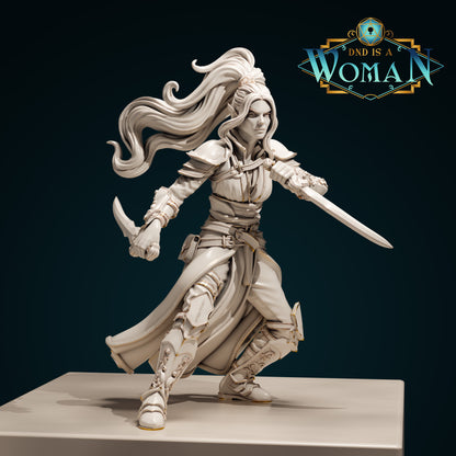 Air Genasi Rogue Zilan miniature by Tattles Told 3D, depicting a female D&D Air Genasi rogue character without a base.