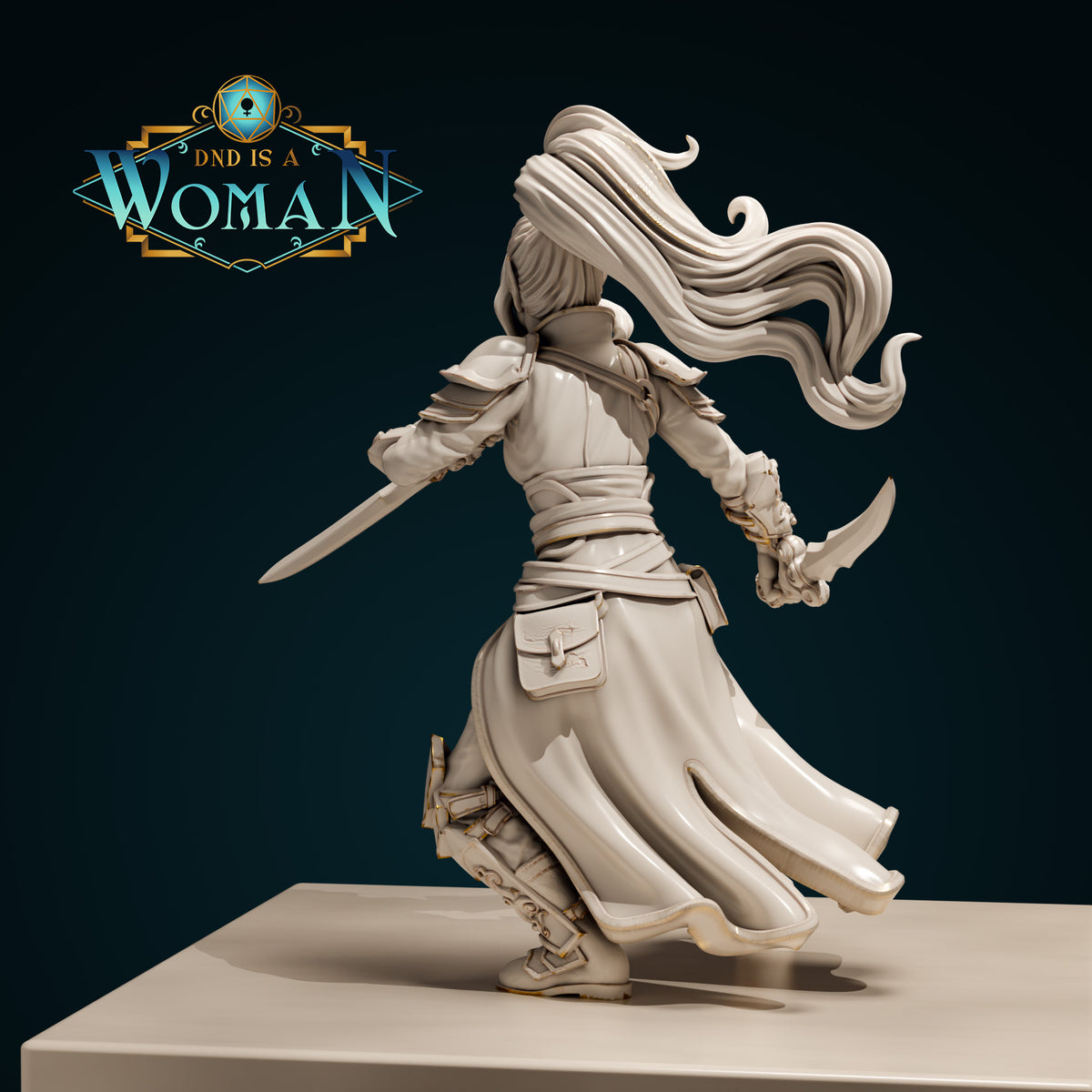 Air Genasi Rogue Zilan D&D miniature by Tattles Told 3D, featuring a female rogue with Air Genasi traits, no base included.