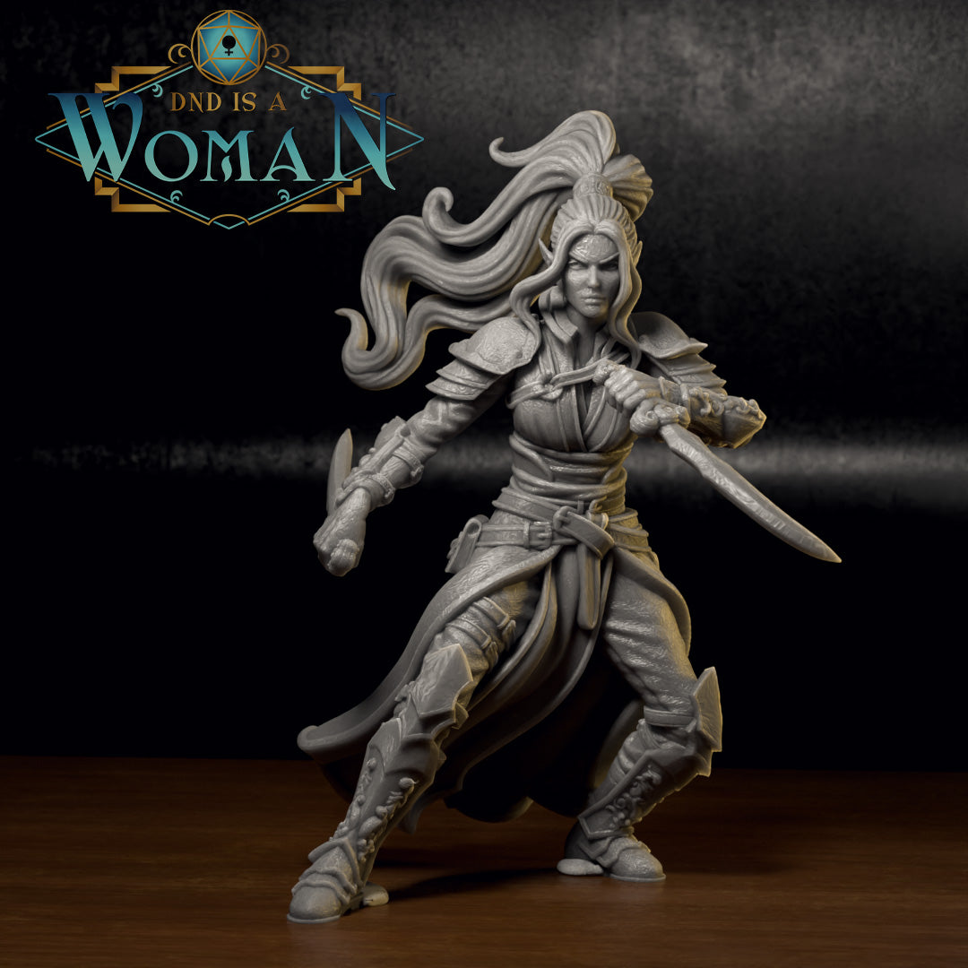 Air Genasi Rogue Zilan D&D TTRPG miniature by Tattles Told 3D, depicting a female Air Genasi rogue character without a base.