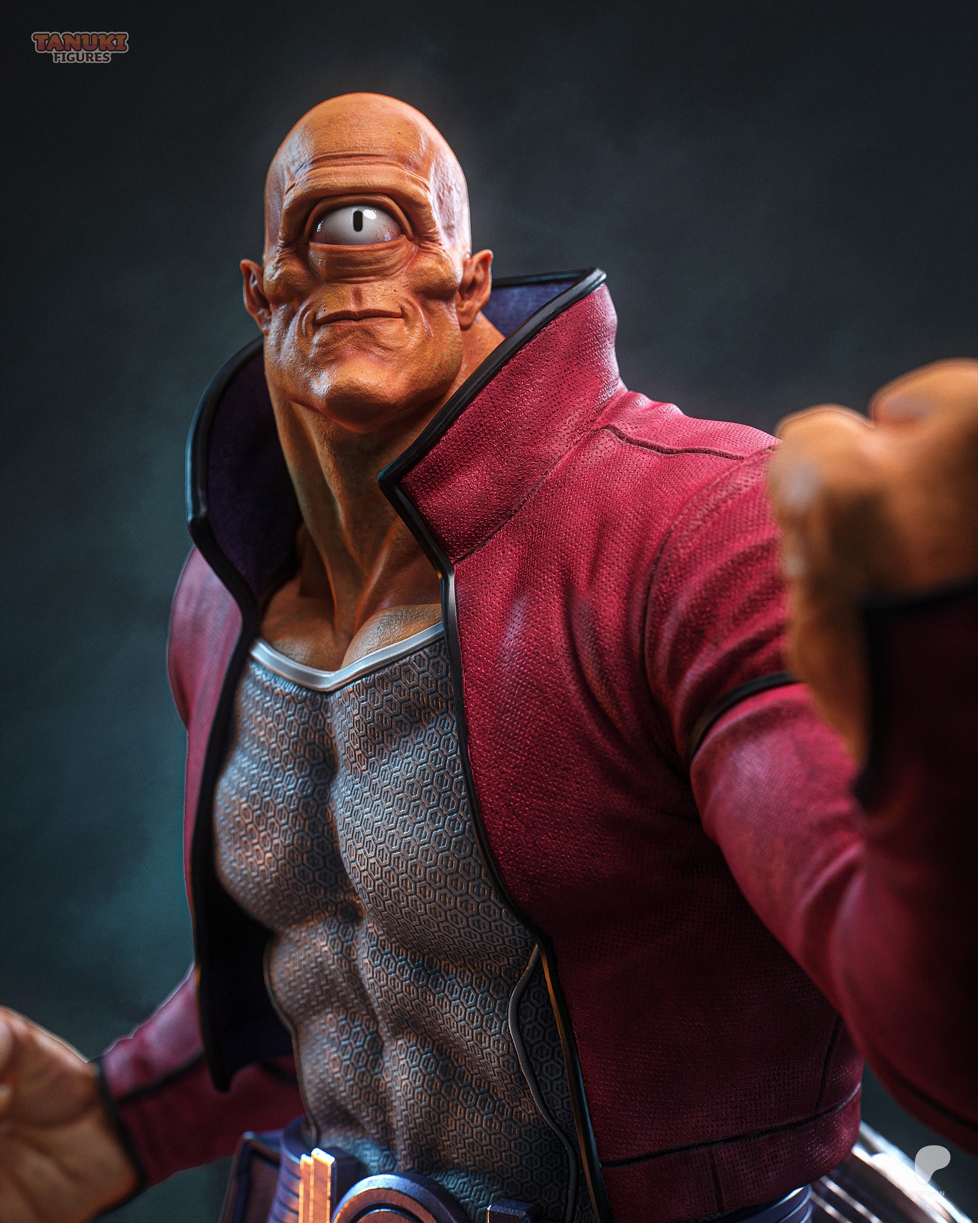 Resin garage kit figure of Cosmic One-Eye Fighter by Tattles Told 3D, featuring a tanuki-inspired design and detailed fan art details.