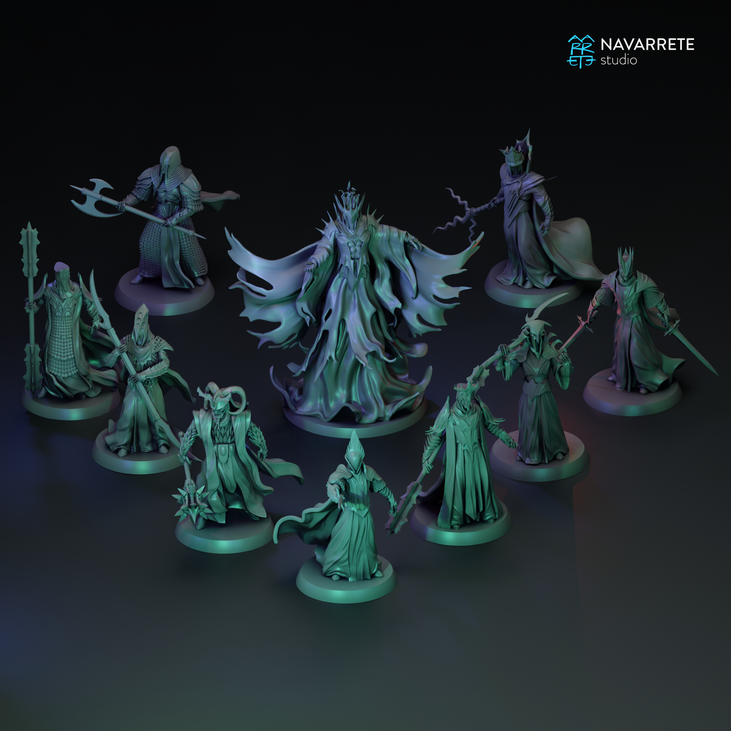 Nine Specters complete set of tabletop gaming miniatures by Tattles Told 3D, showcasing detailed ghostly figures from Navarrete Studio.