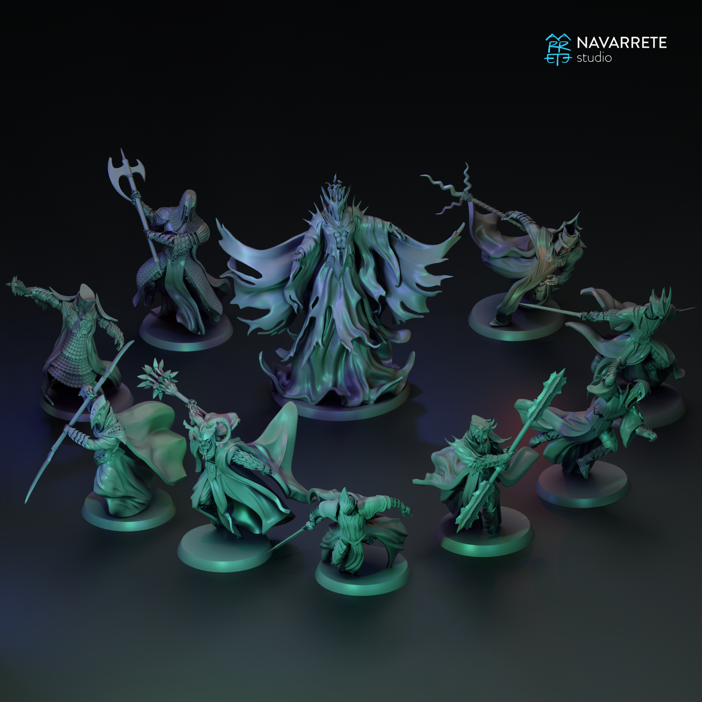 Set of nine detailed tabletop gaming miniatures from Tattles Told 3D's Nine Specters Complete Set by Navarrete Studio.
