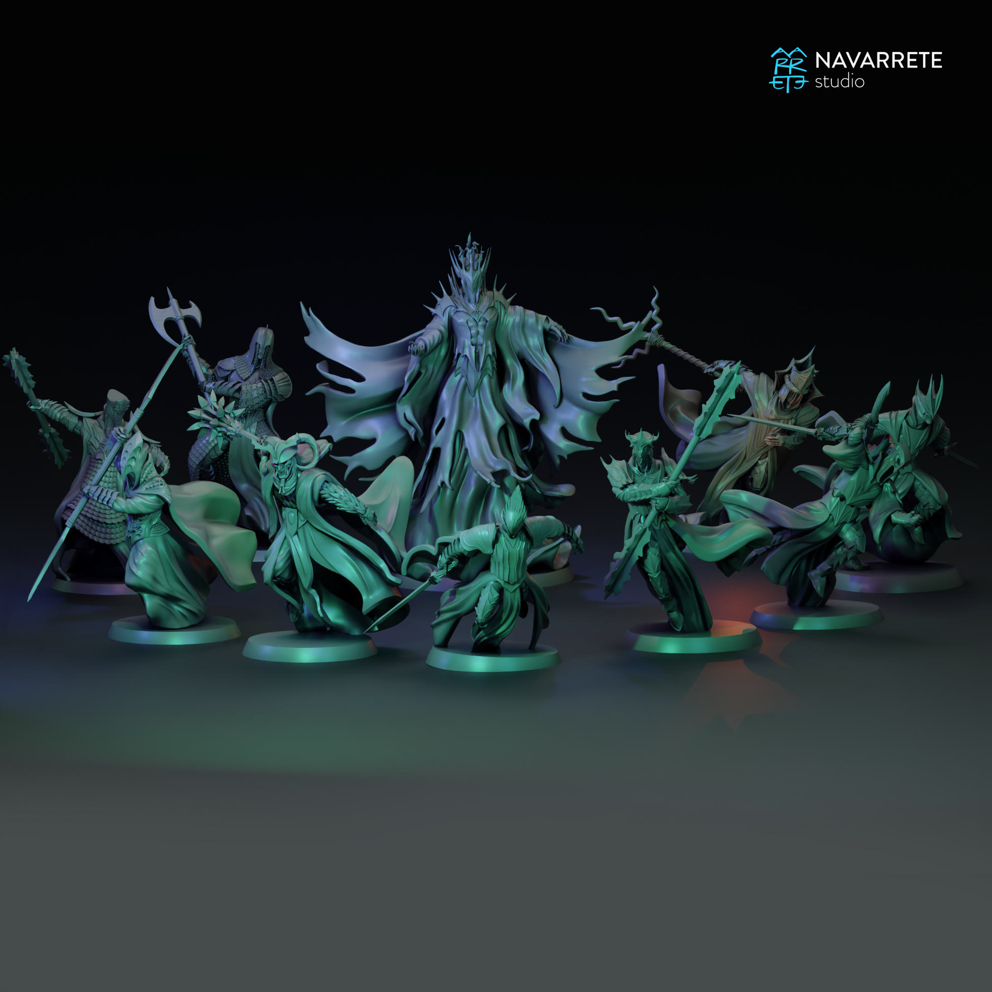 Set of nine detailed tabletop gaming miniatures by Tattles Told 3D, featuring the Nine Specters complete set from Navarrete Studio.