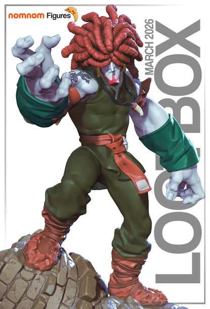 Resin garage kit figure of Wild Red Brawler from anime fan art by Nomnom Figures, featuring detailed design and vibrant colors.