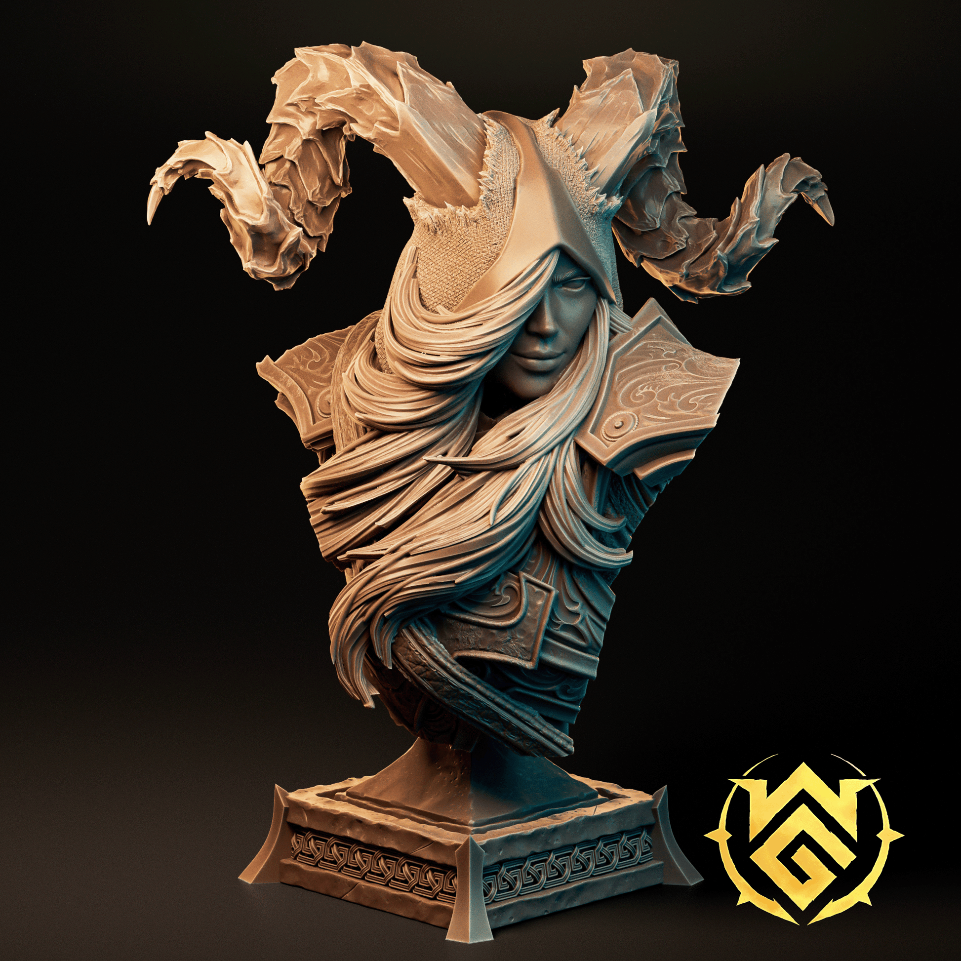 Chaotic Arrow-Wright TTRPG D&D miniature by Tattles Told 3D, featuring a detailed bust render with logo for The Witchguild.