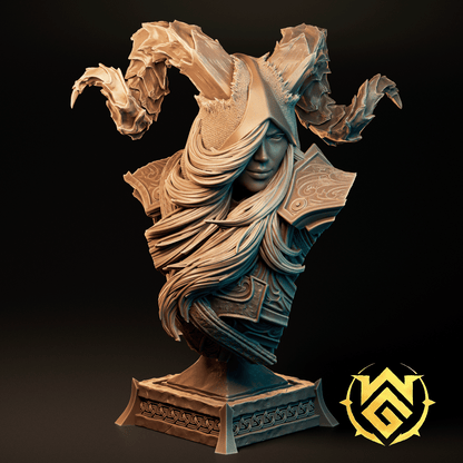 Chaotic Arrow-Wright TTRPG D&D miniature by Tattles Told 3D, featuring a detailed bust render with logo for The Witchguild.